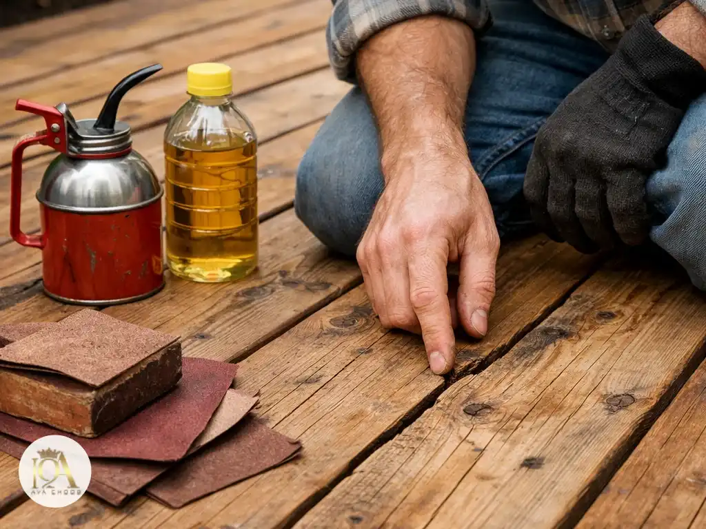 جرای لایه محافظ روی چوب روسی نمای ساختمان با قلم‌مو در زیر نور خورشید