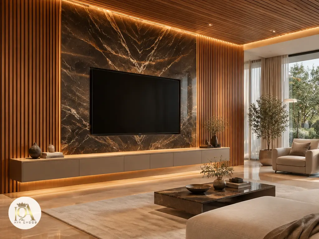 طراحی مدرن تیویوال (TV Wall) با ترکیب چوب ترمووود و سنگ اسلب در دکوراسیون داخلی لوکس آواچوب
