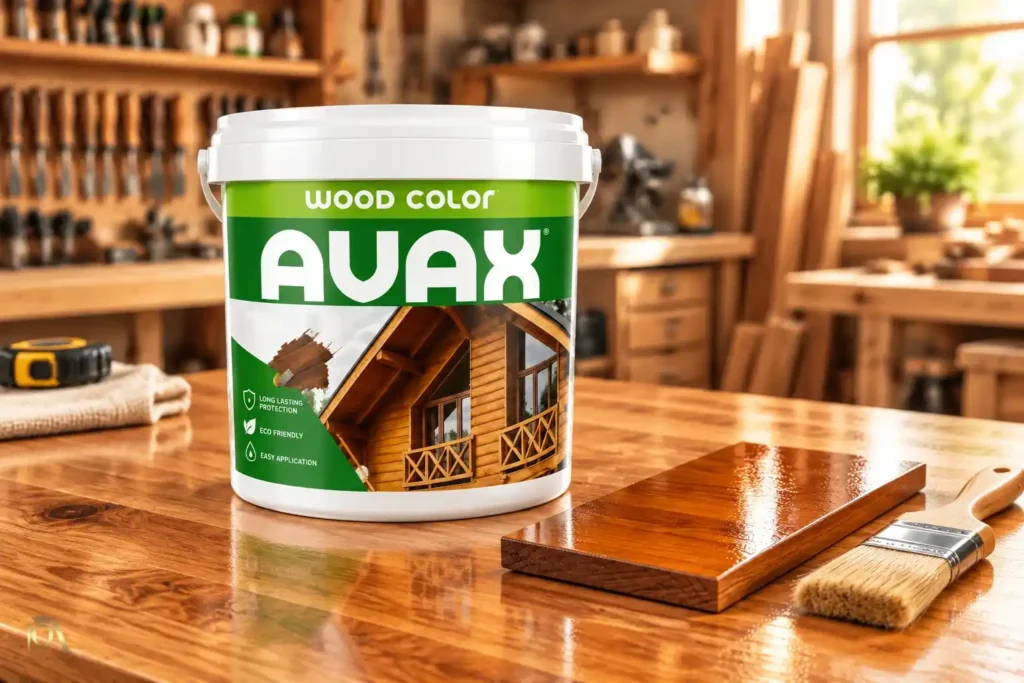 رنگ پایه آب چوب آواکس (AVAX) مخصوص ترموود و نما با نمونه چوب رنگ‌آمیزی‌شده